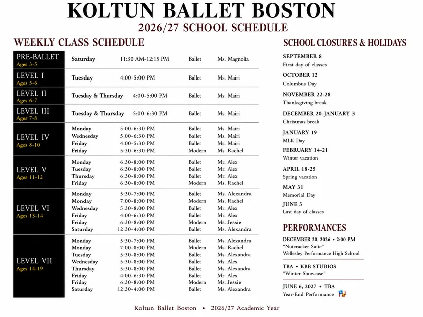 Koltun Ballet 2026-27 academic calendar